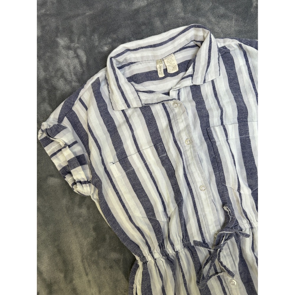 Japna Blue White Striped Button Front Shirt Dress Cotton Drawstring Waist XS